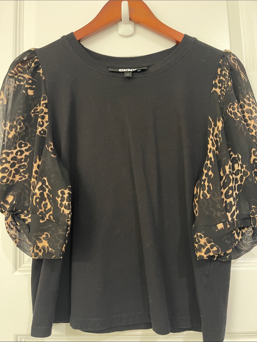 DKNY Black Tee with Leopard-Print Puff Sleeves